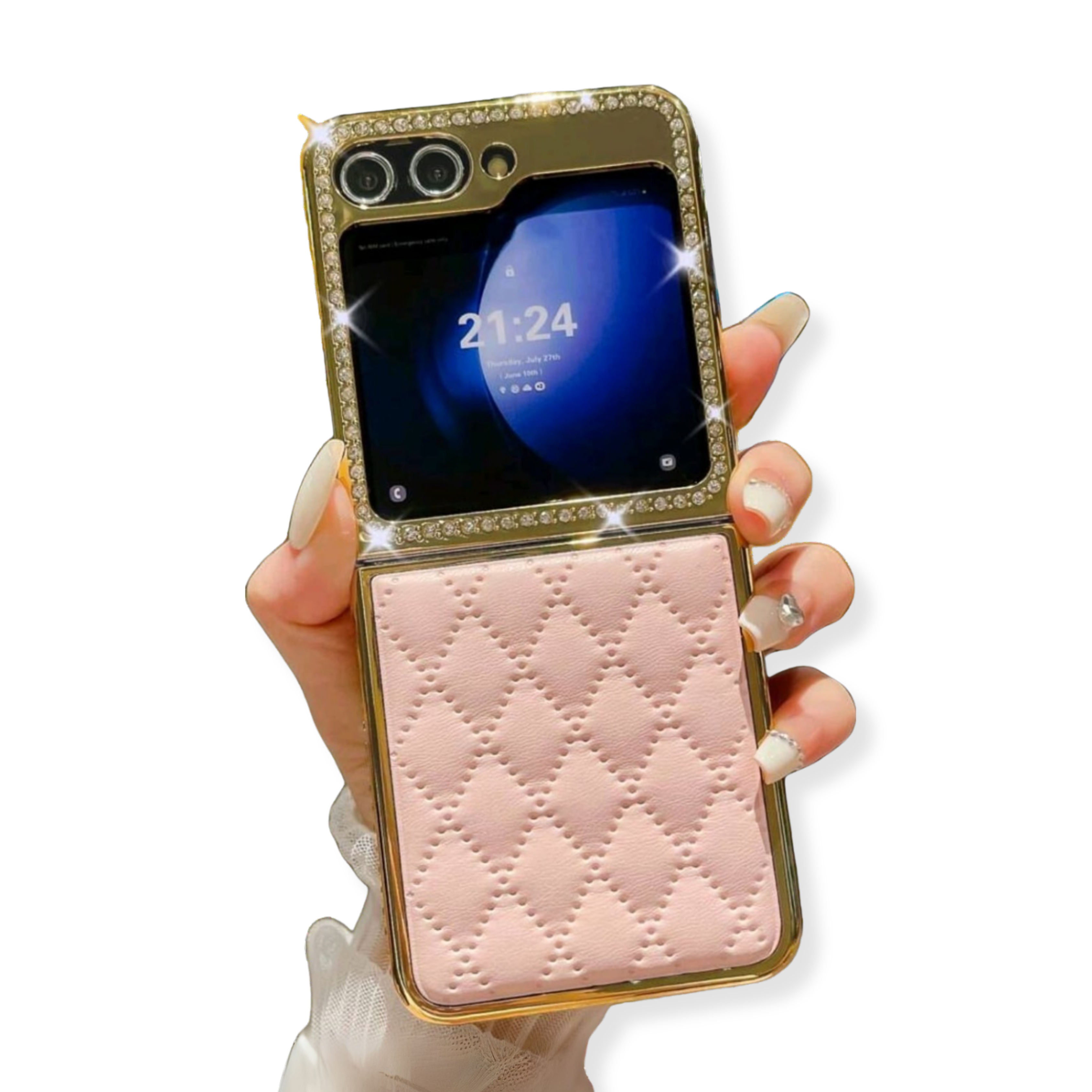 CASE_FUNDA_GALAXY_Z_FLIP_ROSA_ACOLCHADO_CUERO_PIEDRAS_BRILLANTE_YURVAL
