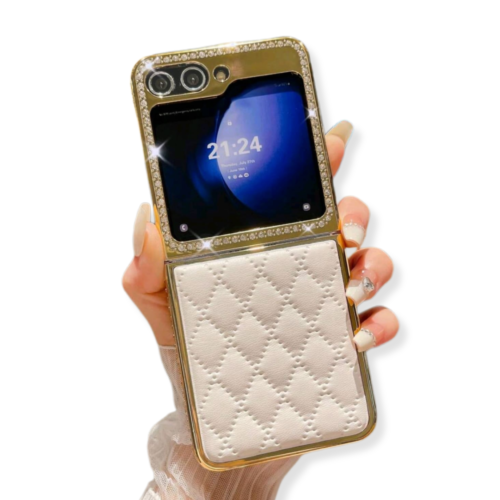 CASE_FUNDA_GALAXY_Z_FLIP_BLANCO_ACOLCHADO_CUERO_PIEDRAS_BRILLANTE_YURVAL