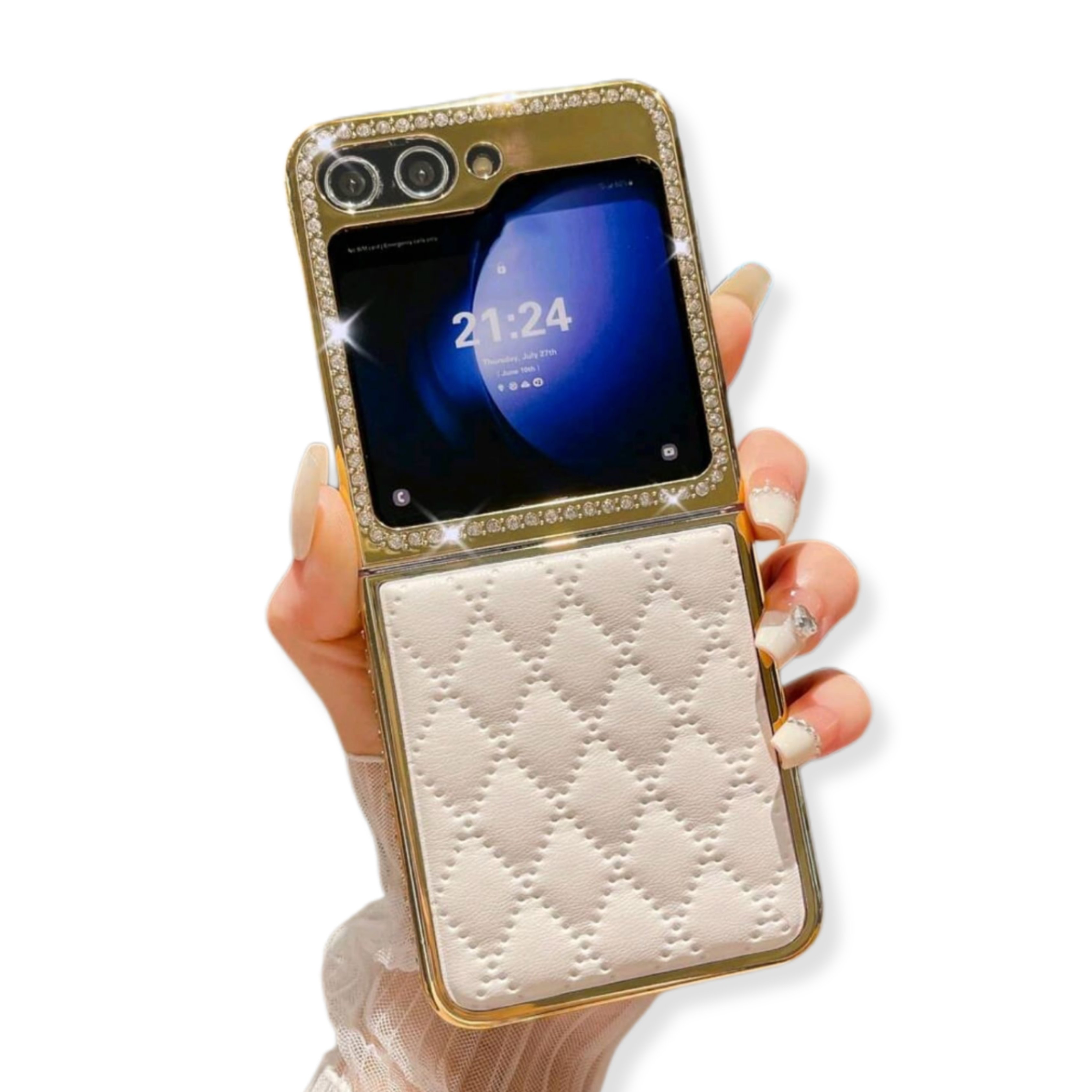 CASE_FUNDA_GALAXY_Z_FLIP_BLANCO_ACOLCHADO_CUERO_PIEDRAS_BRILLANTE_YURVAL